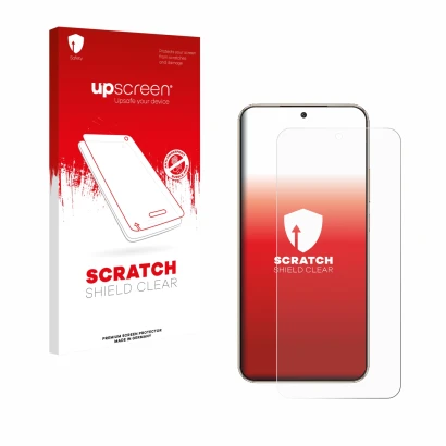 Parte frontal de un envase de producto con el logotipo de la marca upscreen. Al lado se muestra el dispositivo Honor Magic 8 L