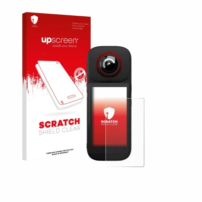 Parte frontal de un envase de producto con el logotipo de la marca upscreen. Al lado se muestra el dispositivo Labpano PanoX V