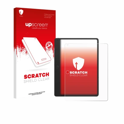 Parte frontal de un envase de producto con el logotipo de la marca upscreen. Al lado se muestra el dispositivo TCL Note A1 con