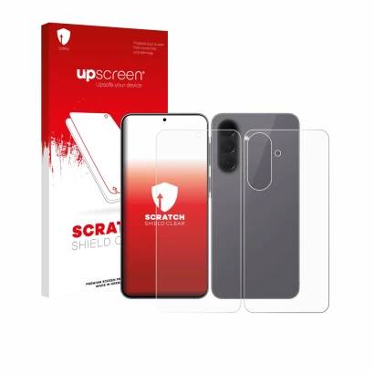 Parte frontal de un envase de producto con el logotipo de la marca upscreen. Al lado se muestra el dispositivo Samsung Galaxy