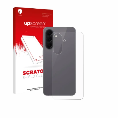 Parte frontal de un envase de producto con el logotipo de la marca upscreen. Al lado se muestra el dispositivo Samsung Galaxy 