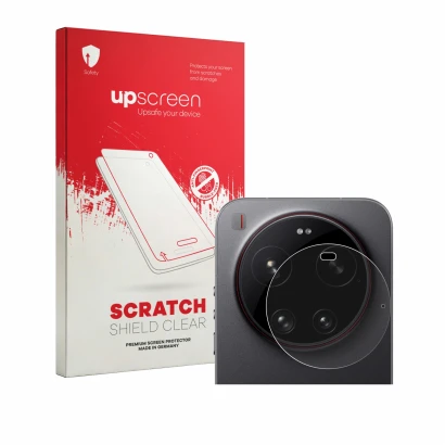 Parte frontal de un envase de producto con el logotipo de la marca upscreen. Al lado se muestra el dispositivo Xiaomi 17 Ultra