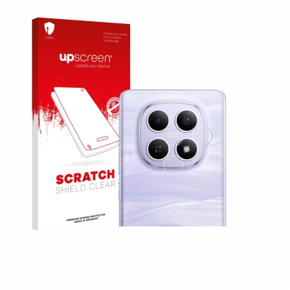 Parte frontal de un envase de producto con el logotipo de la marca upscreen. Al lado se muestra el dispositivo Xiaomi Redmi No