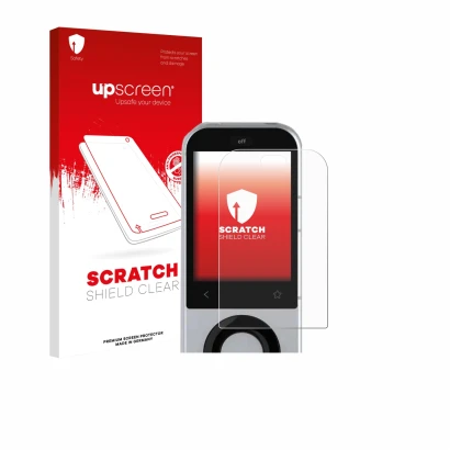 Parte frontal de un envase de producto con el logotipo de la marca upscreen. Al lado se muestra el dispositivo Sofabaton X2 co