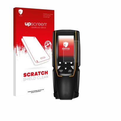 Parte frontal de un envase de producto con el logotipo de la marca upscreen. Al lado se muestra el dispositivo Testo 310 (2da 