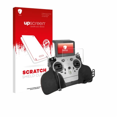 Parte frontal de un envase de producto con el logotipo de la marca upscreen. Al lado se muestra el dispositivo PowerBox System