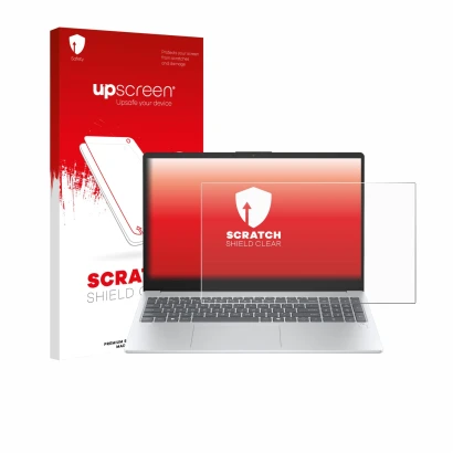 Parte frontal de un envase de producto con el logotipo de la marca upscreen. Al lado se muestra el dispositivo HP OmniBook 3 1