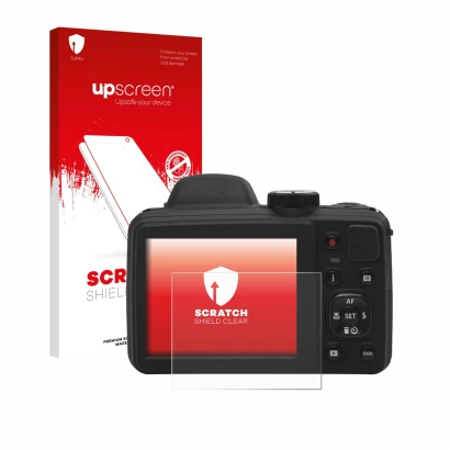 Parte frontal de un envase de producto con el logotipo de la marca upscreen. Al lado se muestra el dispositivo Kodak Pixpro AZ