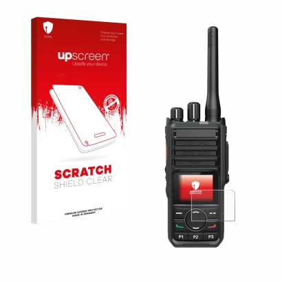 Parte frontal de un envase de producto con el logotipo de la marca upscreen. Al lado se muestra el dispositivo Hytera HP565 co