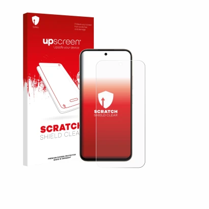 Parte frontal de un envase de producto con el logotipo de la marca upscreen. Al lado se muestra el dispositivo Oppo A6c con su