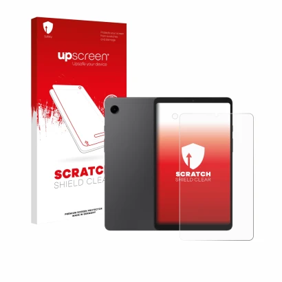 Parte frontal de un envase de producto con el logotipo de la marca upscreen. Al lado se muestra el dispositivo Samsung Galaxy 