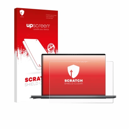 Parte frontal de un envase de producto con el logotipo de la marca upscreen. Al lado se muestra el dispositivo Dell XPS 14 DA1