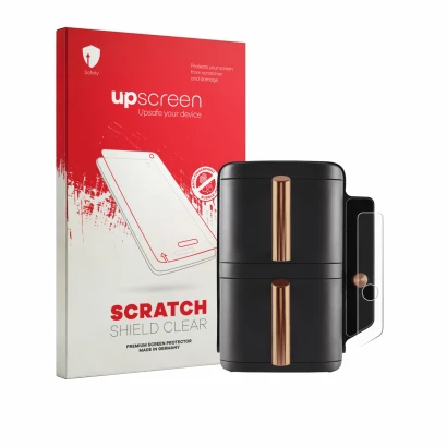 Parte frontal de un envase de producto con el logotipo de la marca upscreen. Al lado se muestra el dispositivo Ninja Double St
