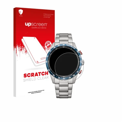 Parte frontal de un envase de producto con el logotipo de la marca upscreen. Al lado se muestra el dispositivo Citizen CA4716-