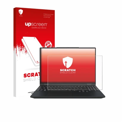 Parte frontal de un envase de producto con el logotipo de la marca upscreen. Al lado se muestra el dispositivo Tuxedo Infinity