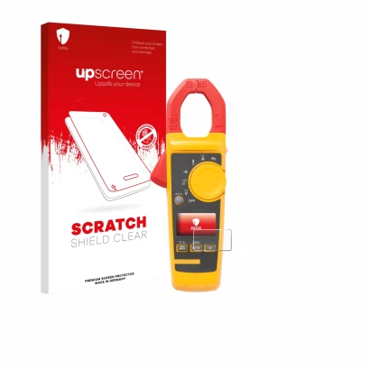 Parte frontal de un envase de producto con el logotipo de la marca upscreen. Al lado se muestra el dispositivo Fluke 325 con s