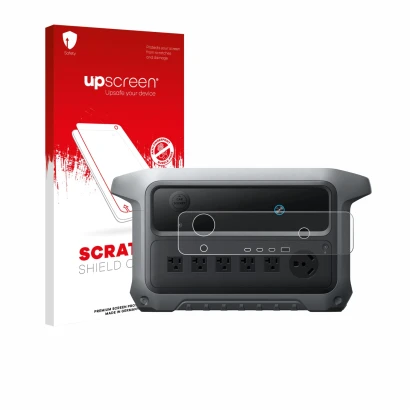 Parte frontal de un envase de producto con el logotipo de la marca upscreen. Al lado se muestra el dispositivo Anker SOLIX C20