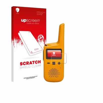 Parte frontal de un envase de producto con el logotipo de la marca upscreen. Al lado se muestra el dispositivo Motorola Talkab