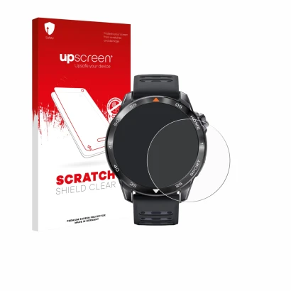 Parte frontal de un envase de producto con el logotipo de la marca upscreen. Al lado se muestra el dispositivo Xiaomi Mibro GS