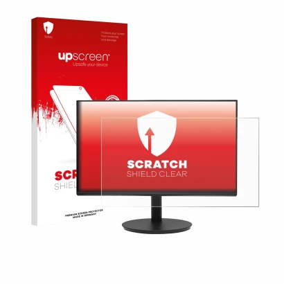 Parte frontal de un envase de producto con el logotipo de la marca upscreen. Al lado se muestra el dispositivo Dell CB242Y P6 