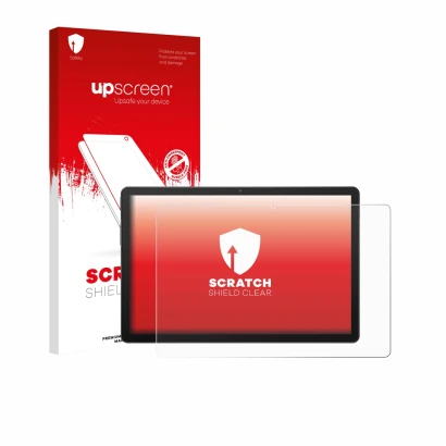Parte frontal de un envase de producto con el logotipo de la marca upscreen. Al lado se muestra el dispositivo Sunmi CPad 11" 