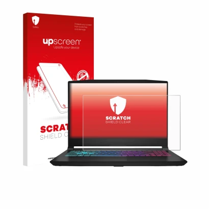 Parte frontal de un envase de producto con el logotipo de la marca upscreen. Al lado se muestra el dispositivo MSI Katana 15 H