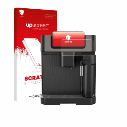 Parte frontal de un envase de producto con el logotipo de la marca upscreen. Al lado se muestra el dispositivo Grundig KVA 723