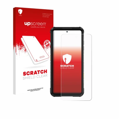 Parte frontal de un envase de producto con el logotipo de la marca upscreen. Al lado se muestra el dispositivo Ulefone RugOne