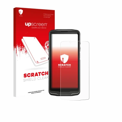 Parte frontal de un envase de producto con el logotipo de la marca upscreen. Al lado se muestra el dispositivo Crosscall Core 