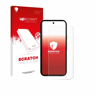 Parte frontal de un envase de producto con el logotipo de la marca upscreen. Al lado se muestra el dispositivo Google Pixel 10