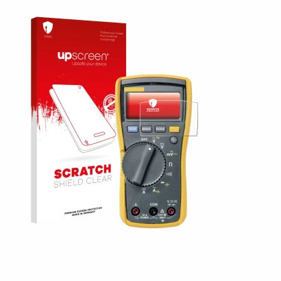 Parte frontal de un envase de producto con el logotipo de la marca upscreen. Al lado se muestra el dispositivo Fluke MultiMete