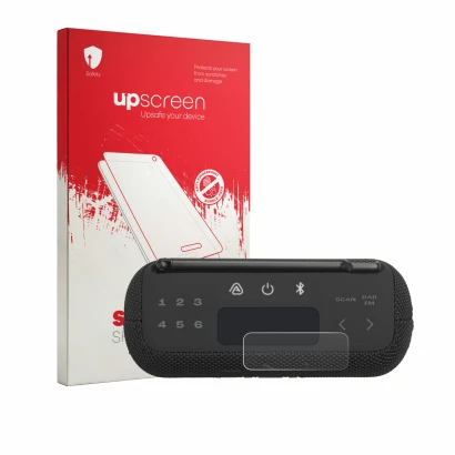 Parte frontal de un envase de producto con el logotipo de la marca upscreen. Al lado se muestra el dispositivo JBL Tuner 3 con