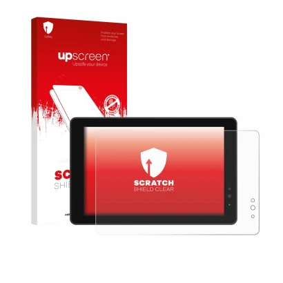 Parte frontal de un envase de producto con el logotipo de la marca upscreen. Al lado se muestra el dispositivo Lilliput 719/T