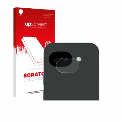 Parte frontal de un envase de producto con el logotipo de la marca upscreen. Al lado se muestra el dispositivo Google Pixel 10