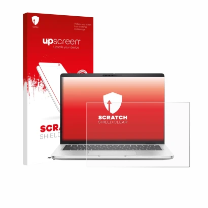 Parte frontal de un envase de producto con el logotipo de la marca upscreen. Al lado se muestra el dispositivo Dell Pro 14 Plu