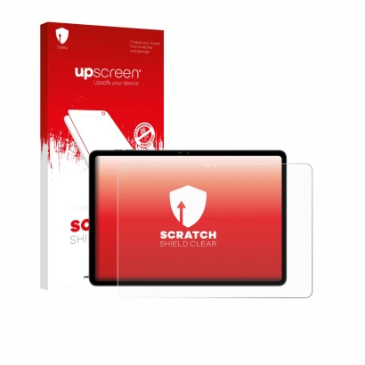 Parte frontal de un envase de producto con el logotipo de la marca upscreen. Al lado se muestra el dispositivo Blackview MEGA 