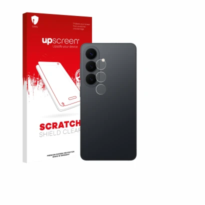 Parte frontal de un envase de producto con el logotipo de la marca upscreen. Al lado se muestra el dispositivo Samsung Galaxy 