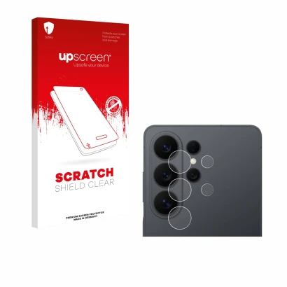 Parte frontal de un envase de producto con el logotipo de la marca upscreen. Al lado se muestra el dispositivo Samsung Galaxy