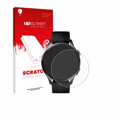 Parte frontal de un envase de producto con el logotipo de la marca upscreen. Al lado se muestra el dispositivo Xiaomi Watch 5 
