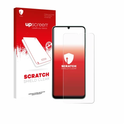 Parte frontal de un envase de producto con el logotipo de la marca upscreen. Al lado se muestra el dispositivo Samsung Galaxy 