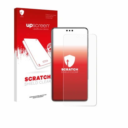 Parte frontal de un envase de producto con el logotipo de la marca upscreen. Al lado se muestra el dispositivo Huawei Mate 60