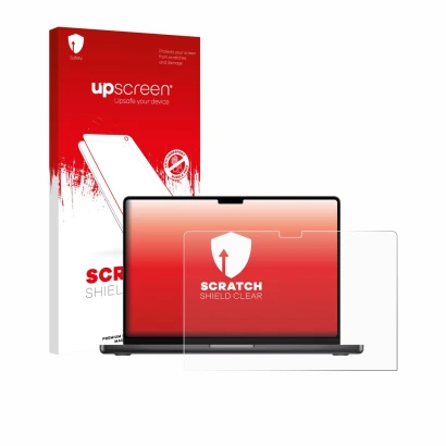 Parte frontal de un envase de producto con el logotipo de la marca upscreen. Al lado se muestra el dispositivo Apple MacBook P