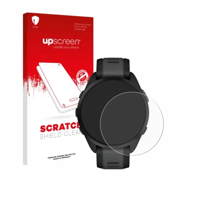 Parte frontal de un envase de producto con el logotipo de la marca upscreen. Al lado se muestra el dispositivo Garmin Forerunn
