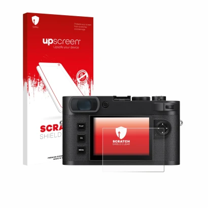 Parte frontal de un envase de producto con el logotipo de la marca upscreen. Al lado se muestra el dispositivo Leica M EV1 con