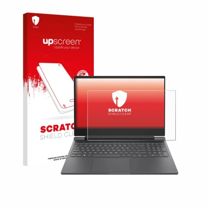 Parte frontal de un envase de producto con el logotipo de la marca upscreen. Al lado se muestra el dispositivo HP Victus 16-r0