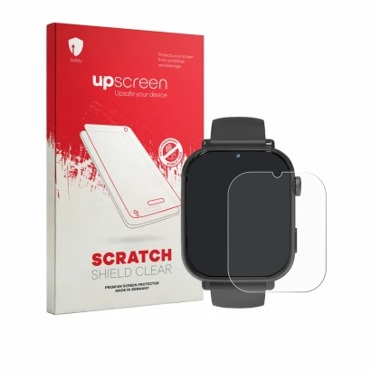 Parte frontal de un envase de producto con el logotipo de la marca upscreen. Al lado se muestra el dispositivo Pthtechus A22 c
