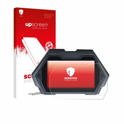 Parte frontal de un envase de producto con el logotipo de la marca upscreen. Al lado se muestra el dispositivo Kukirin G3 Pro 