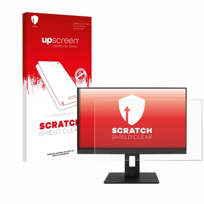 Parte frontal de un envase de producto con el logotipo de la marca upscreen. Al lado se muestra el dispositivo ASUS BE24EQSB c