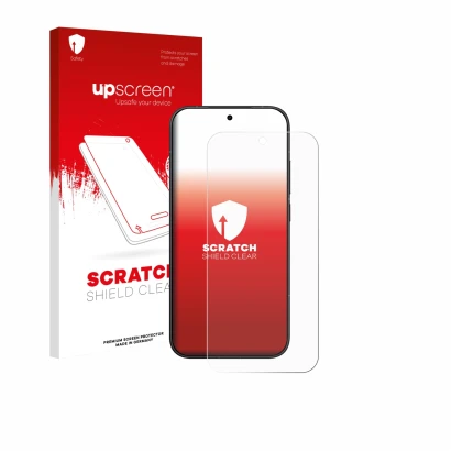 Parte frontal de un envase de producto con el logotipo de la marca upscreen. Al lado se muestra el dispositivo Xiaomi Poco X8
