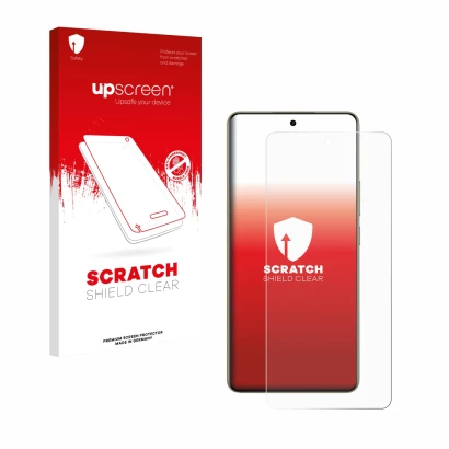 Parte frontal de un envase de producto con el logotipo de la marca upscreen. Al lado se muestra el dispositivo realme 16 con s